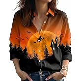Women's Halloween Button Down Shirt, Pumpkin Witch Cat Skeleton Leaves Print, Fall Autumn Collared Blouse for Thanksgiving