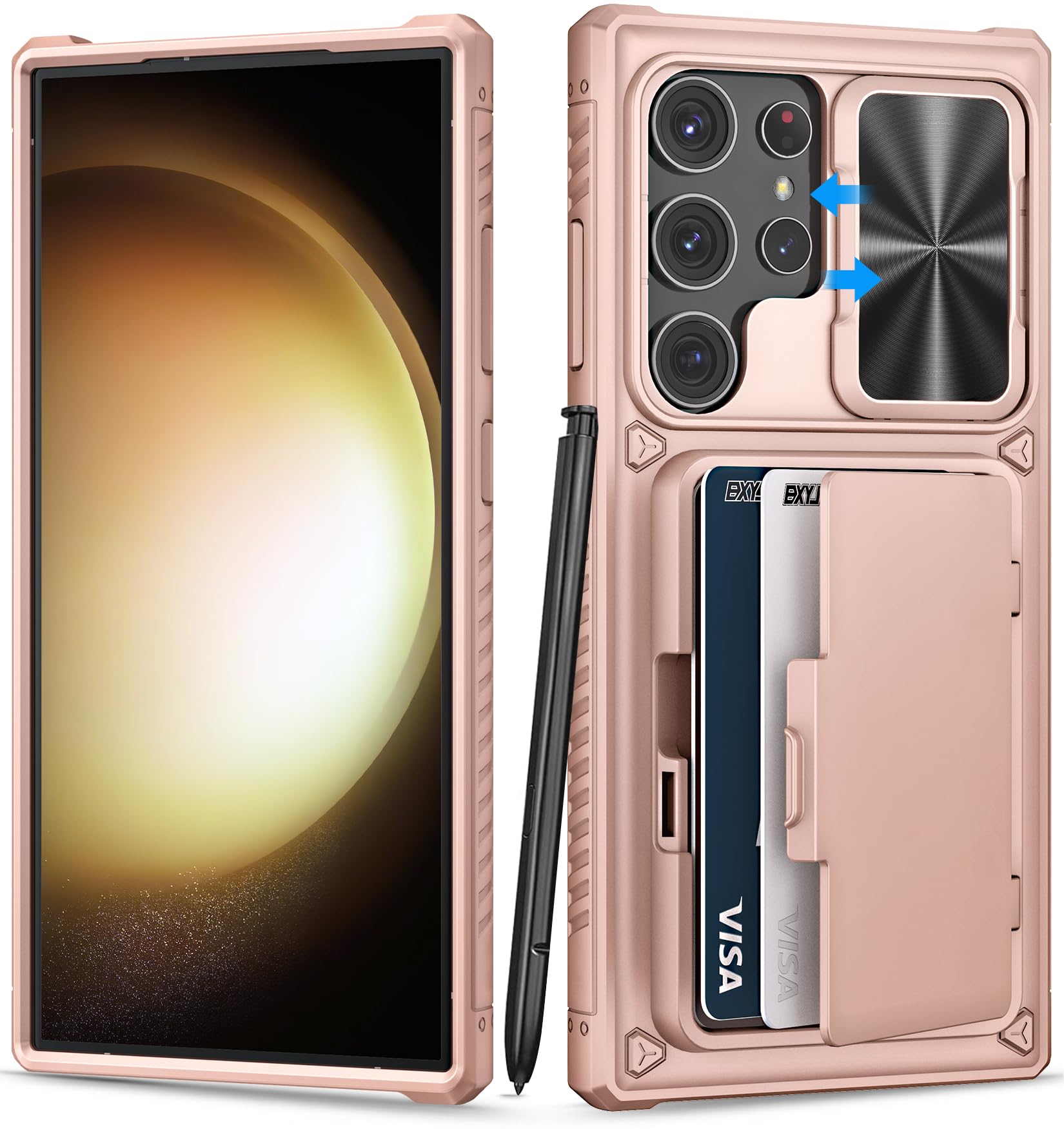 Photo 1 of BXYJY for Samsung Galaxy S23 Ultra Case with Card Holder (Store 4-5 Cards), Slide Lens Cover & Stand, Military Grade Drop Protection, Shockproof Wallet Phone Case for Galaxy S23 Ultra, Rose Gold