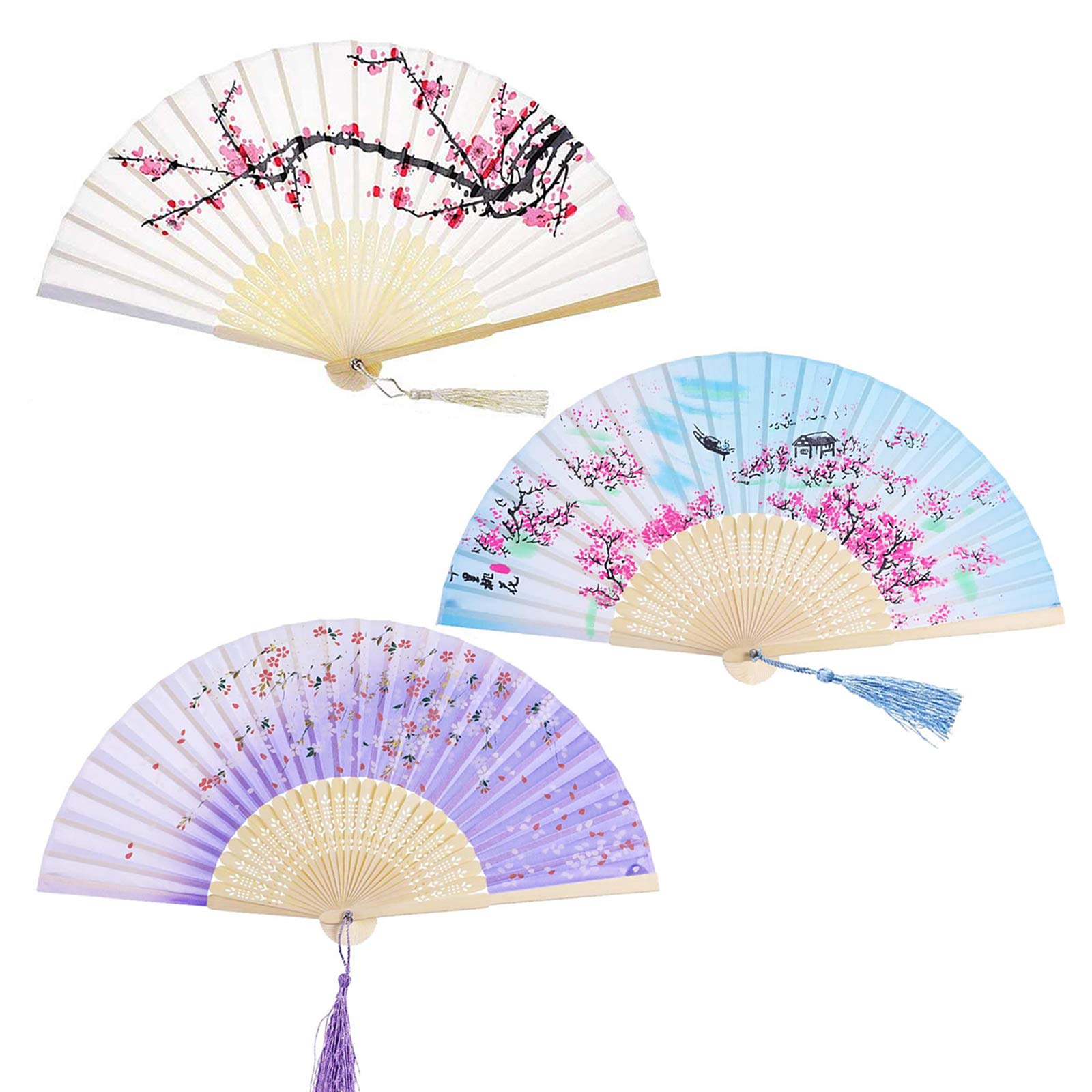 JUHONNZ Handheld Folding Fans - 3 PCS Bamboo and Silk With Tassel, Pocket Japanese Dancing Fans for Wall Decoration and Wedding Gift