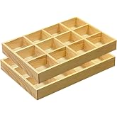 2 Pack Wooden Sorting Tray Grid Display Wood Divided Organizer Vanish Finished Section Box (12 Compartments,12.9 x 9.1 x 1.55 Inch Each Tray)