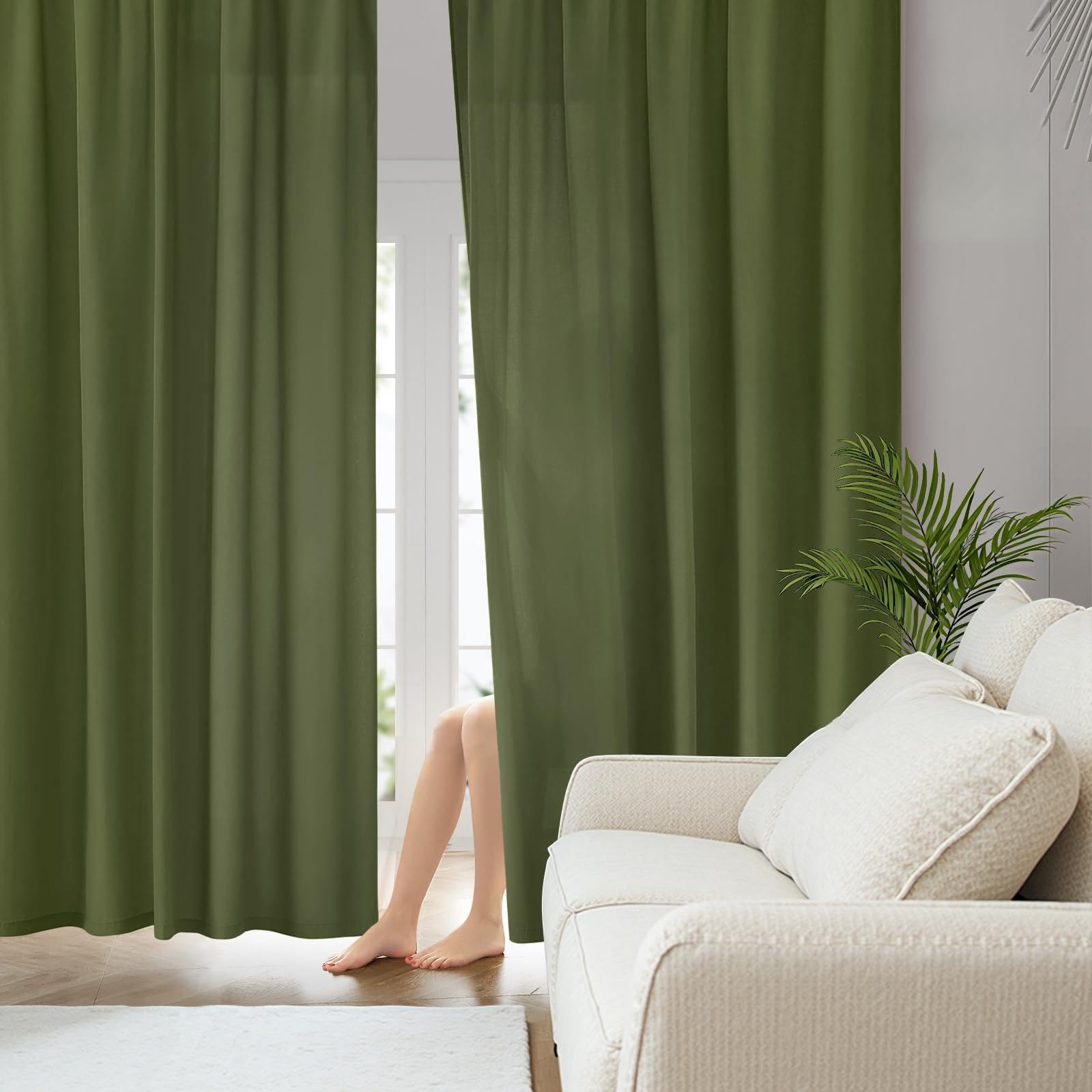 HOMEIDEAS Non-See-Through Olive Green Privacy Sheer Curtains, 52 X 84 Inches Long 2 Panels Sheer Curtains Light Filtering Window Drapes for Bedroom Living Room Image