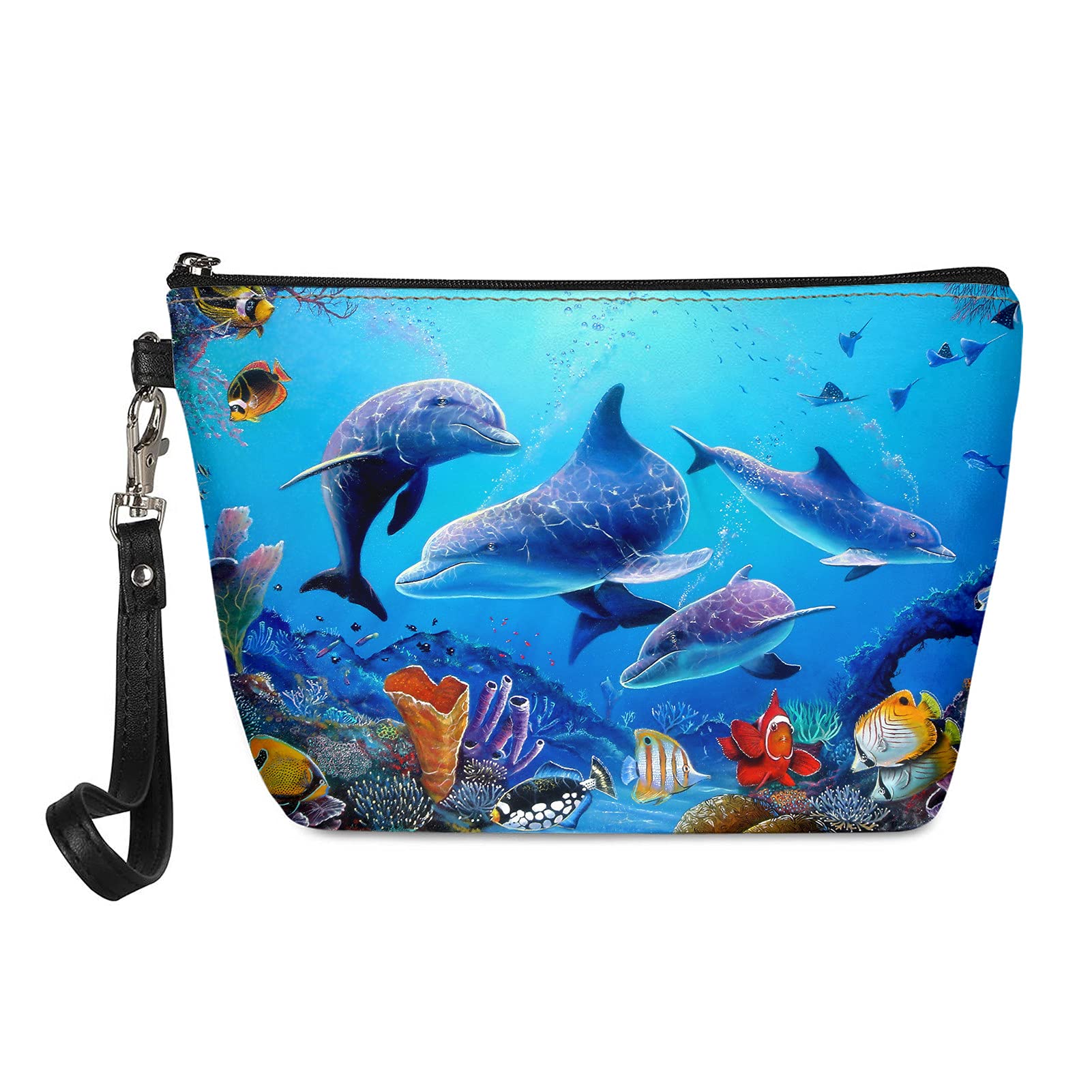 Showudesigns Dolphin Makeup Bag Small Cosmetic Bag Women Toiletry Pouch Zipper Bag Office Supplies Travel Accessories Ocean Theme Blue