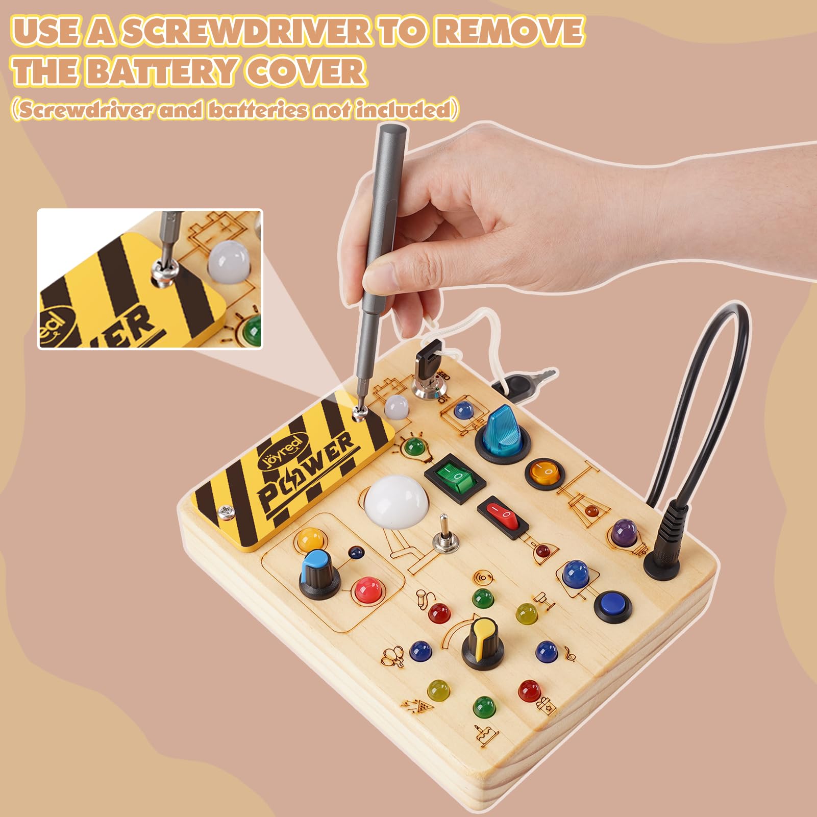 Joyreal Montessori Busy Board Wooden Sensory Toys for Toddler with LED Light Up Switch, Baby Fidget Board Travel Toys for 18+ Months, Boys Girls Birthday, Medium