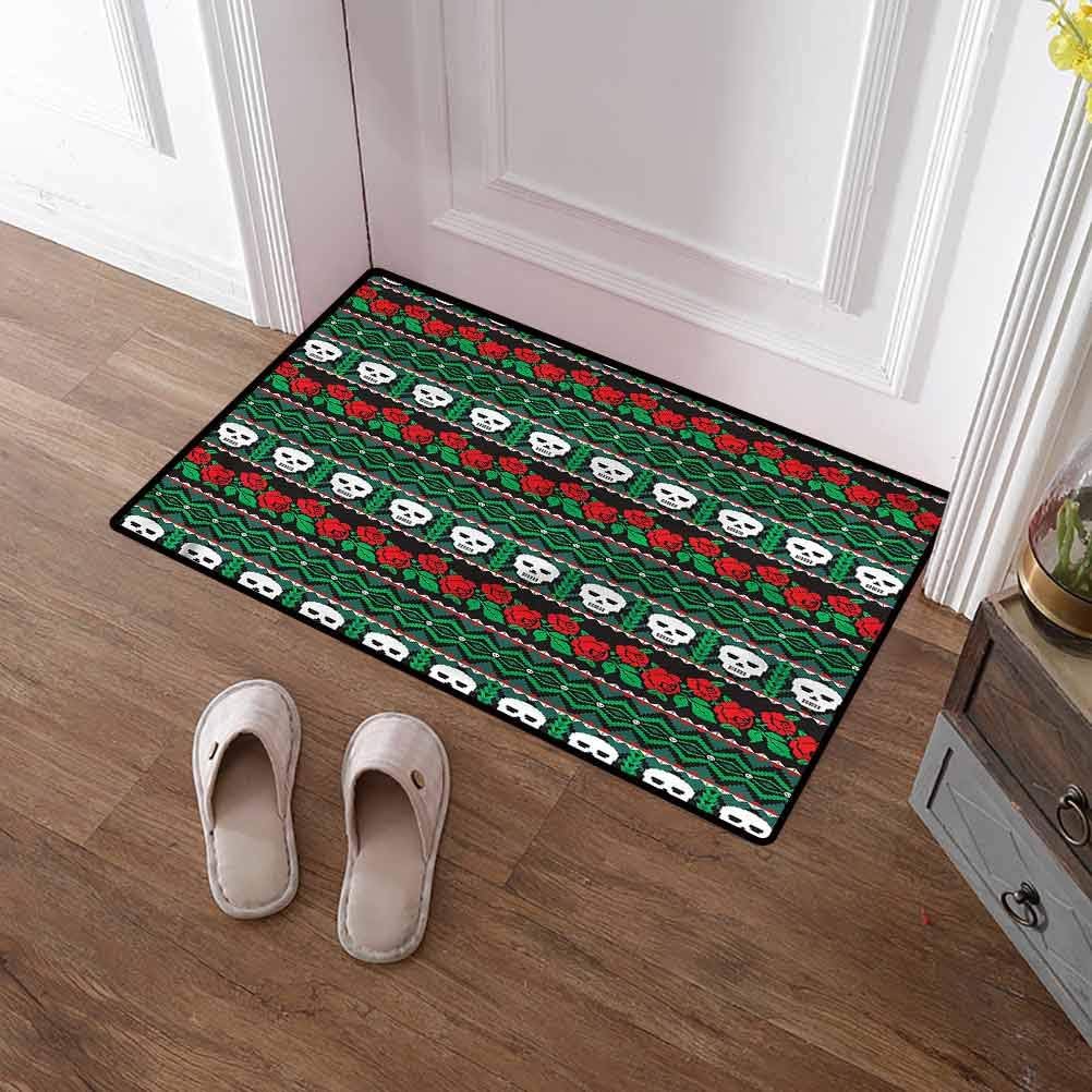 SCOCICI1588 Entryway Rug Skull, Folk Art Skulls Roses Dog Pet Mat Rug for Shoe Scraper 16 x 24 Inch