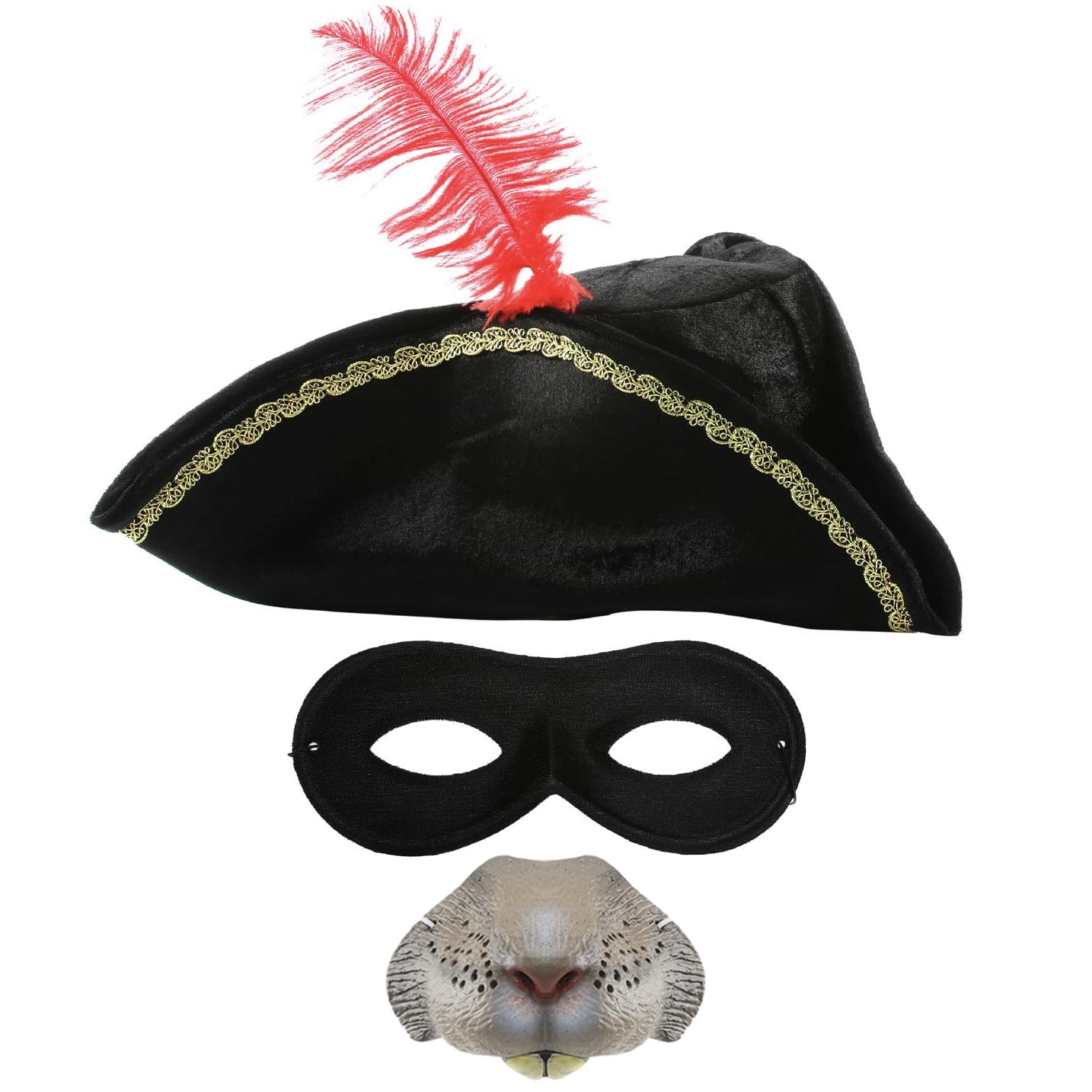 Kids Highwayman Rodent Accessory Set - Black Tricorn Hat with Red Feather, Rat Nose, Black Eye Mask - Boys Girls Childs Halloween World Book Day Fancy Dress Costume Accessories