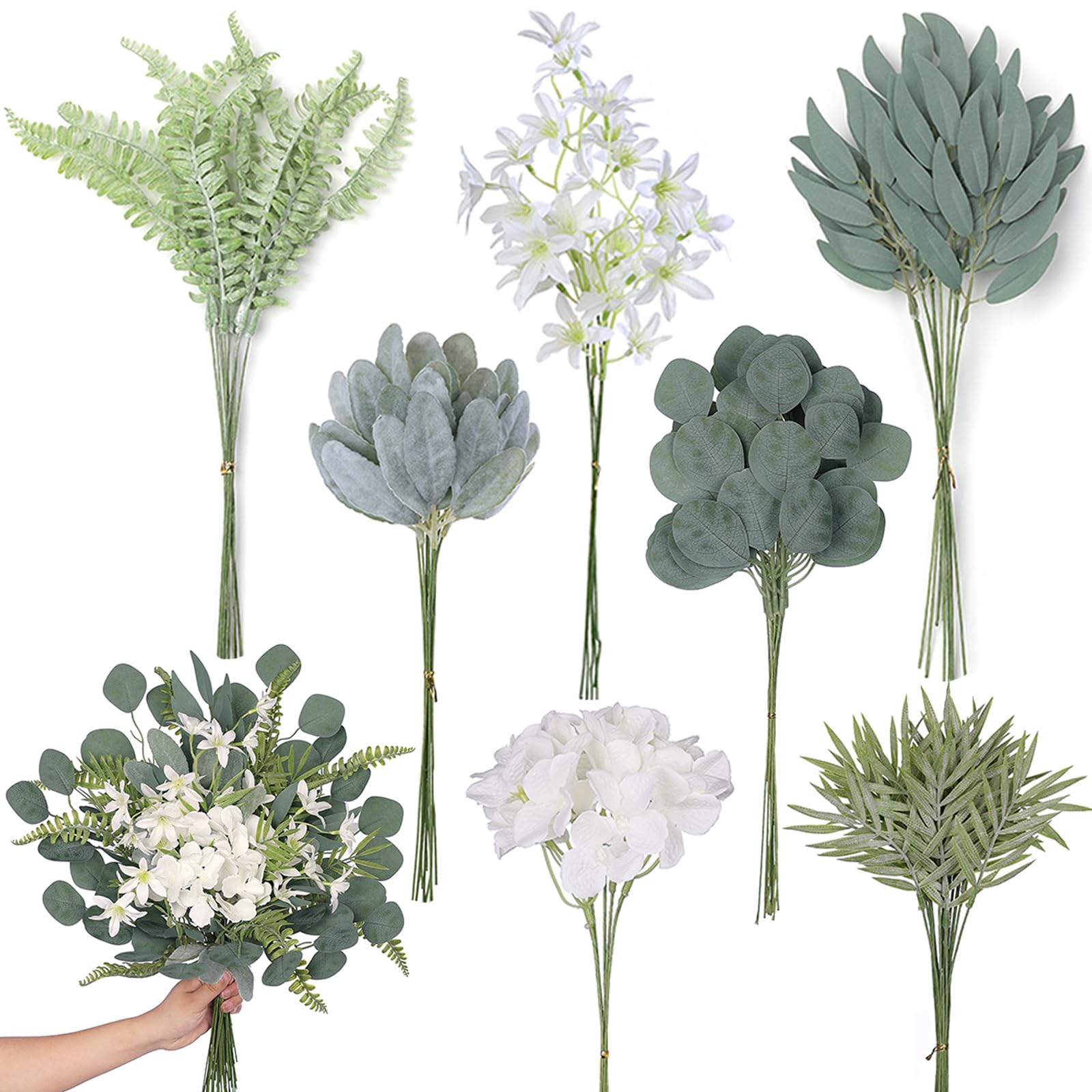 Photo 1 of FOTEEWL 70 Pcs Artificial Greenery Stems Box Set,with 7 Kinds of Faux Plants and Fake Flowers for DIY Bridal Bouquets Wedding Floral Arrangement Table Centerpieces Decoration (Sage Green & Beige)
