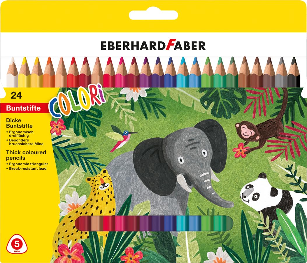 Eberhard Faber Colour Pencils Colori Jumbo Box of 24, Thick Coloured Pencils, Waterproof, Wood-Free, 5mm Diameter Lead, Break-Resistant Lead, Stocking Fillers, Party Bag Fillers. Coloring Supplies