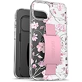 ENCASED Finger Loop Case, Designed for iPhone 15 Pro Max (2023) Cute Floral Hand Strap Cover with Silicone Grip Phone Holder (Clear/Pink Flowers)