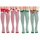 Marrywindix 4 Pairs Christmas Thigh High Socks Women Striped Candy Cane over Knee High Stockings for Christmas Women Costume