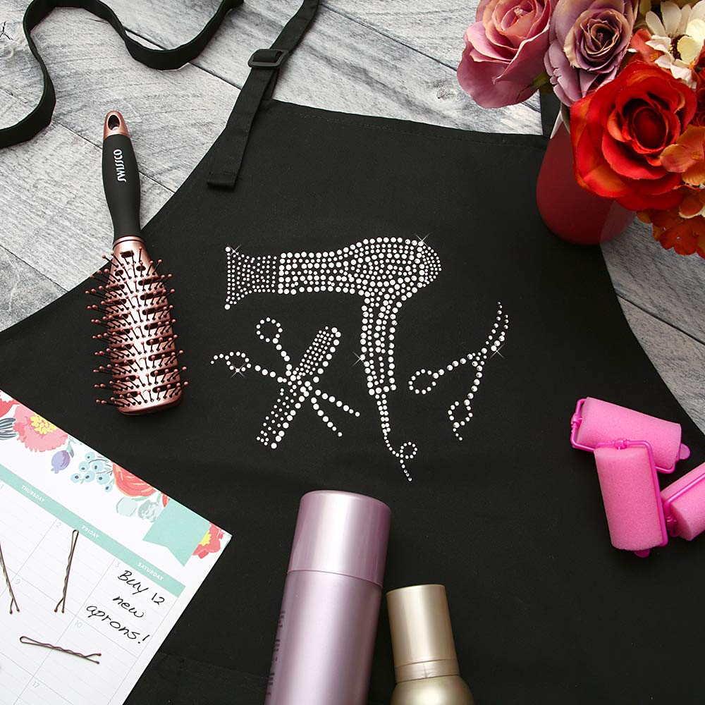 Hair Stylist Salon Apron with Rhinestone Scissor and Comb Design, Black with 3 Pockets: Beauty