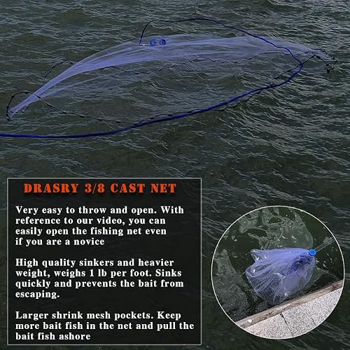 drasry saltwater fishing cast net 1/4 for Bait Shirmp Trap Fish Throw Net with Heavy Lead Sinkers. Size 3FT to 10FT Radius Freshwater1/4 Inch Mesh Monofilament Cast Net, 3FT(90cm) Radius Fishing Cast Net Heavy Duty