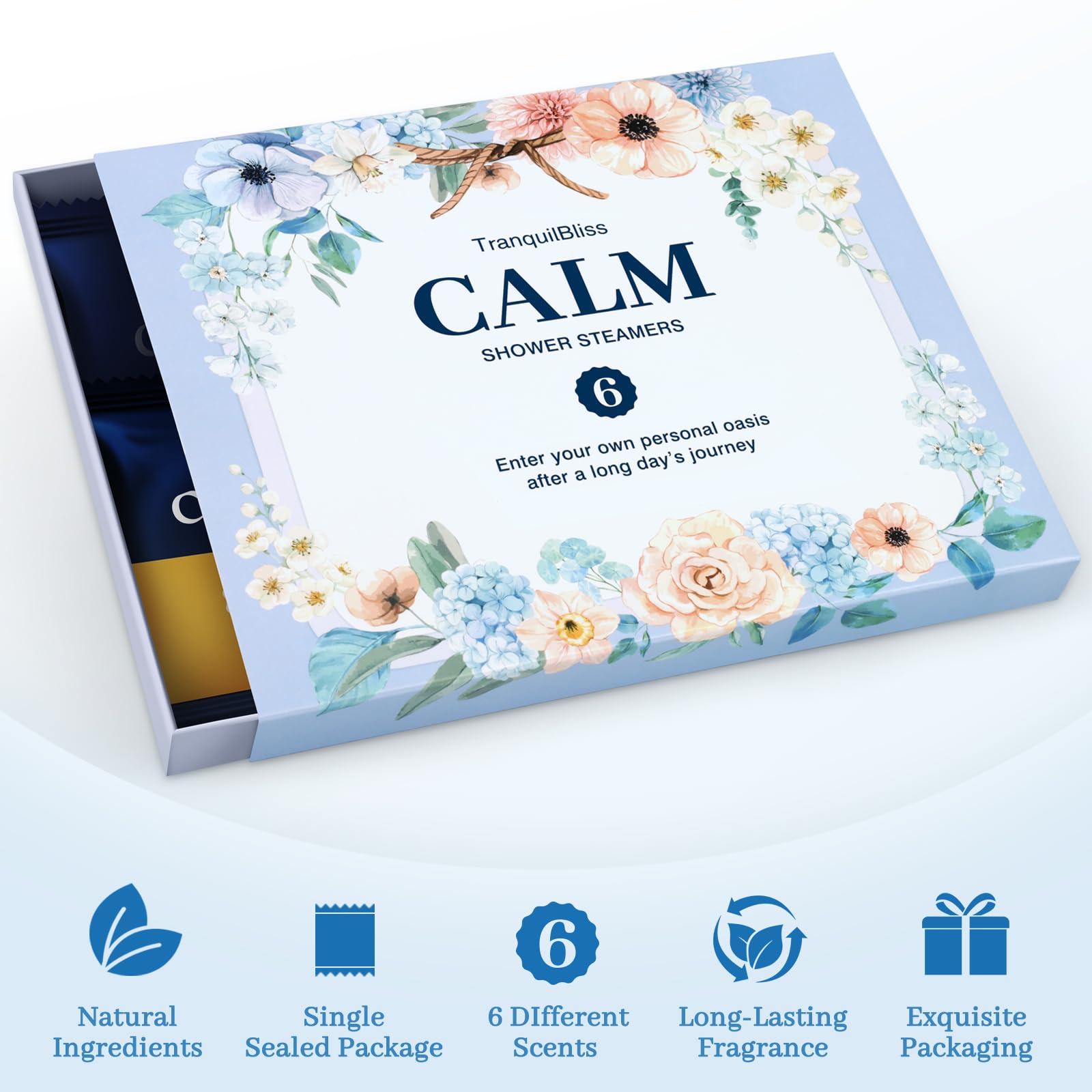 TranquilBliss Shower Steamers 6 Count, Shower Steamers with Natural Ingredients, 6 Different Scents & Individually Wrapped, Christmas and Birthday Good Option for Her, Mom, Friends