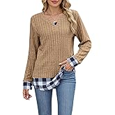 Long Sleeve Shirts for Women Dressy Casual Business Tunic Tops Lightweight Sweaters Blouses Fall Plaid Fake Two Pieces