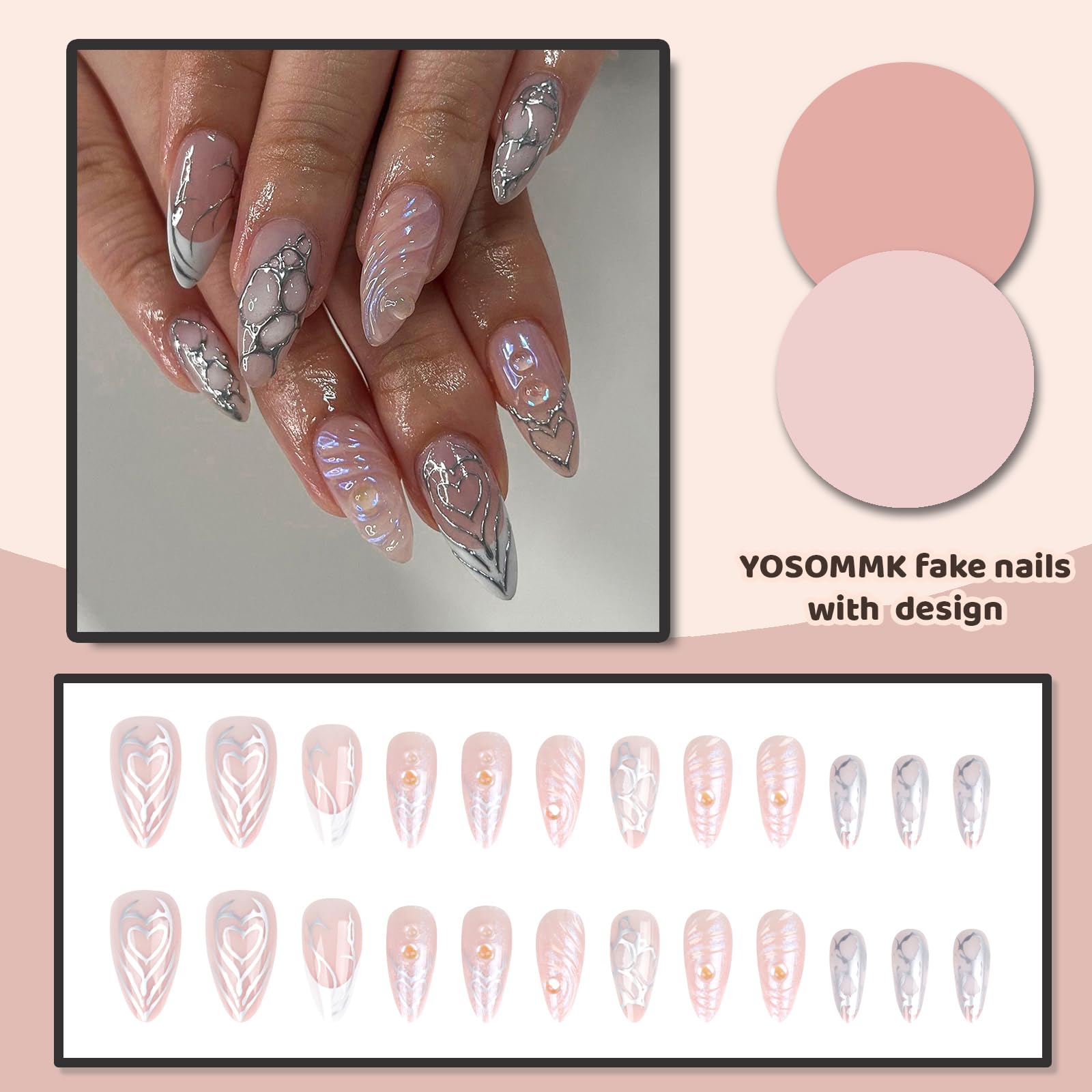 YOSOMMK Press on Nails Medium Almond Fake Nails Glossy Glue on Nails Silver 3D Swirl Acrylic Nails Artificial False Nails with Luxury Designs for Women - Image 4