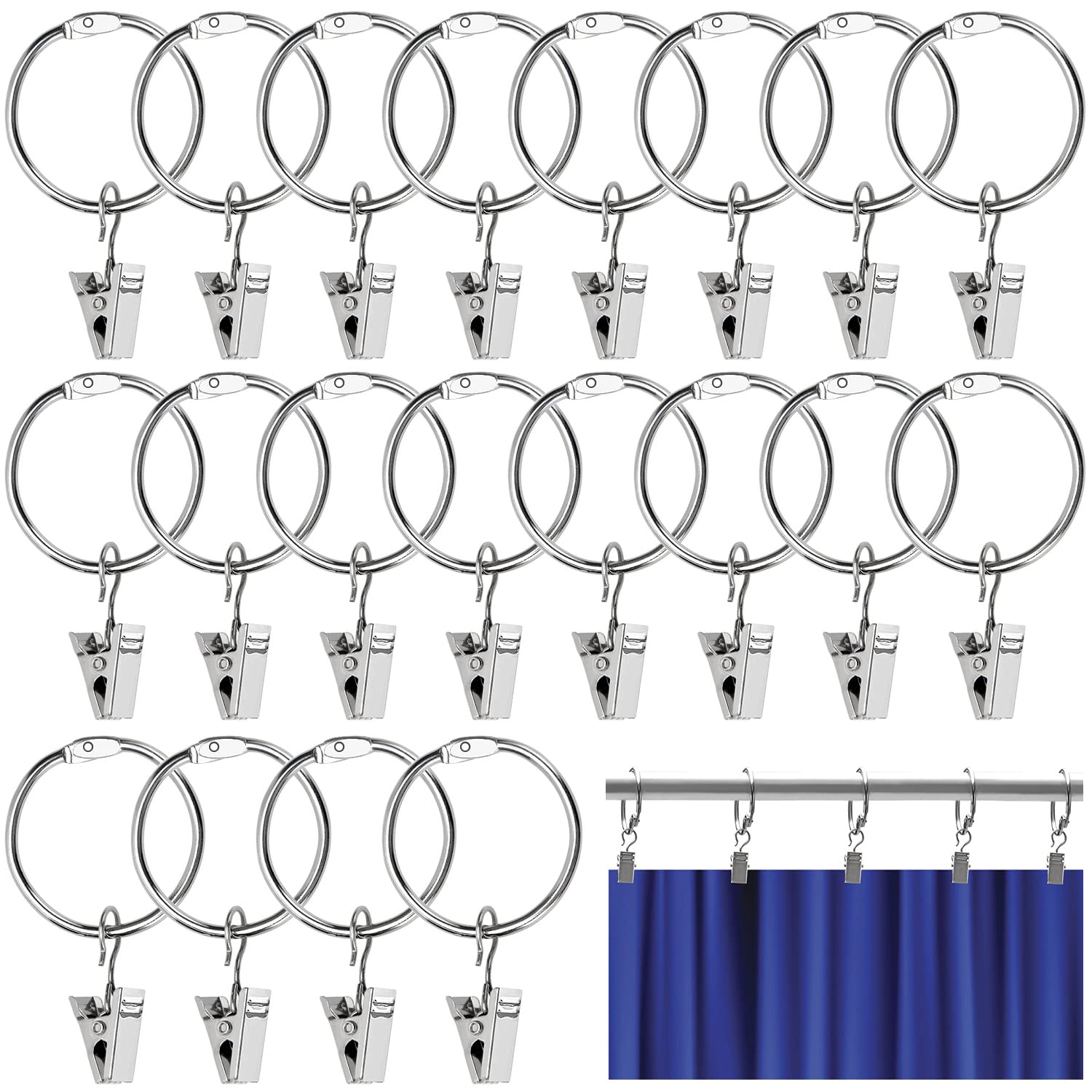 YIXISI 20 PCS Curtain Rod Ring Clips, 32mm Curtain Rings with Clips, Shower Curtain Hook Clips, Curtain Hangers Clips, Light Hangers Wire Holders, for Curtains and Rods (Silver)