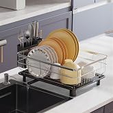 AIDERLY Stainless Steel Dish Drying Rack Dish Drainer, Black | Extendable Drain Spout, Utensil Holder, Knife Slots, Compact for Kitchen Counter