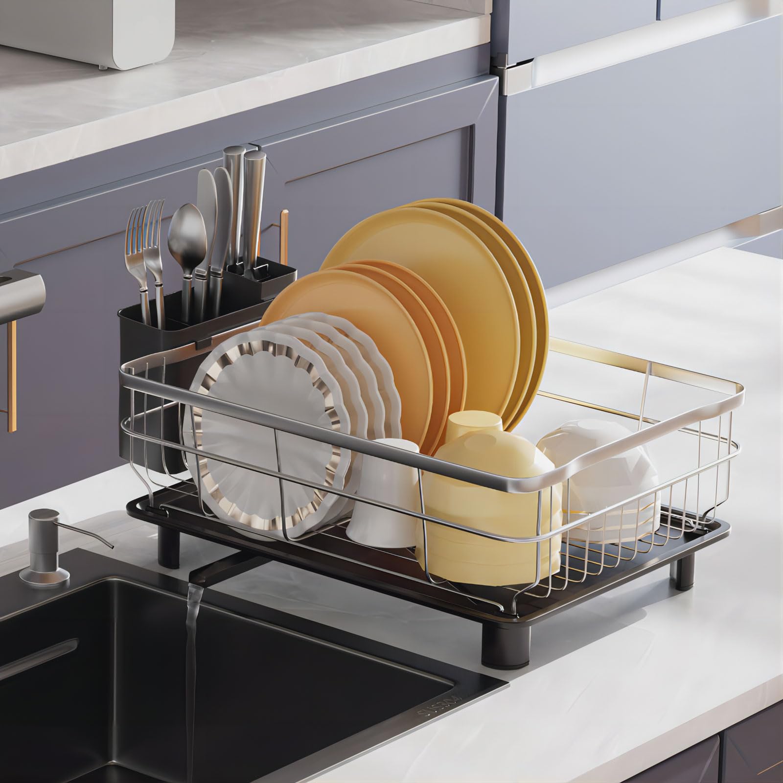 Photo 1 of AIDERLY Stainless Steel Dish Drying Rack with Drainboard Dish Drainers for Kitchen Counter Extendable Spout Strainers with Utensil Holder and Knife Slots, Black