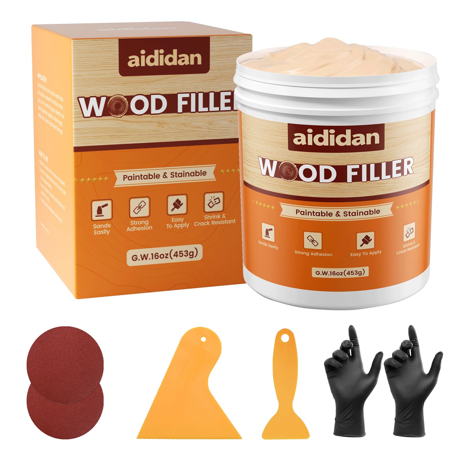 Photo 1 of Wood Filler, Wood Repair Kit, 16 Ounce Paintable & Stainable Wood Putty Filler, Wood Scratch Cracks Holes Repair Furniture, Exterior Wood Filler Water Resistant, Wood Putty White oak,