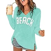 RoseSeek Women's Letter V Neck Beach Sweaters Long Sleeve Split Crochet Tops Knit Pullovers Cover Up