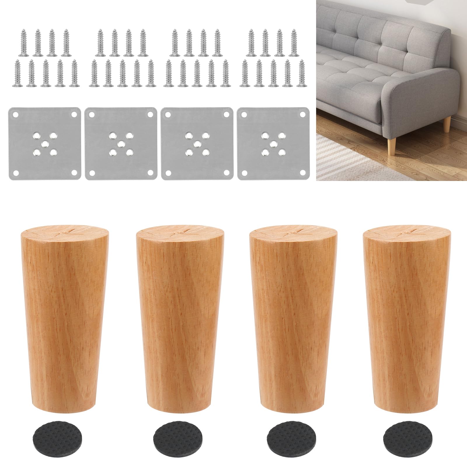 Wkmamo 4 Pcs Wooden Furniture Legs,Solid Beech Wooden Sofa Legs Replacement Furniture Feet,Table Legs Dresser Legs with Mounting Plate,Screws and Anti Slip Mats (10 cm, Straight)