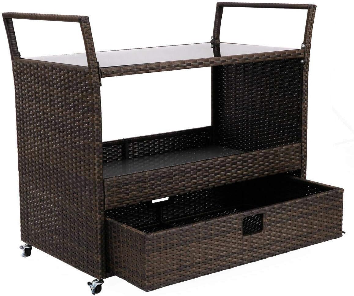 SHOPPER's CHOICE 4 Wheeler Rolling Rattan Wicker Patio Trolley Cart + Storage Drawer Box Shelf Kitchen Serving Station Catering Drinks Bar Indoor Outdoor Furniture Handles Pull Tempered Glass Top