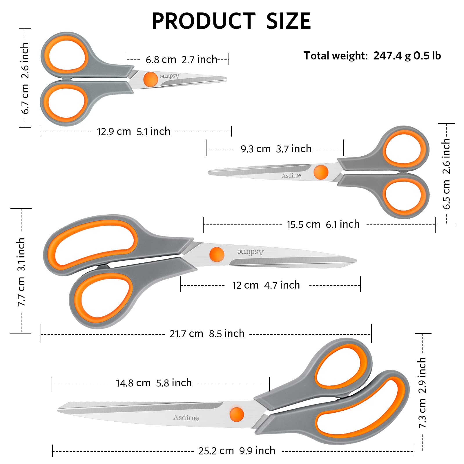 Scissors Set of 4, Premium Stainless Steel Razor Blades, Ergonomic Semi-Soft Rubber Grip, Suitable for School, Office and Family Daily Use, 9.6''/8.5''/6.4