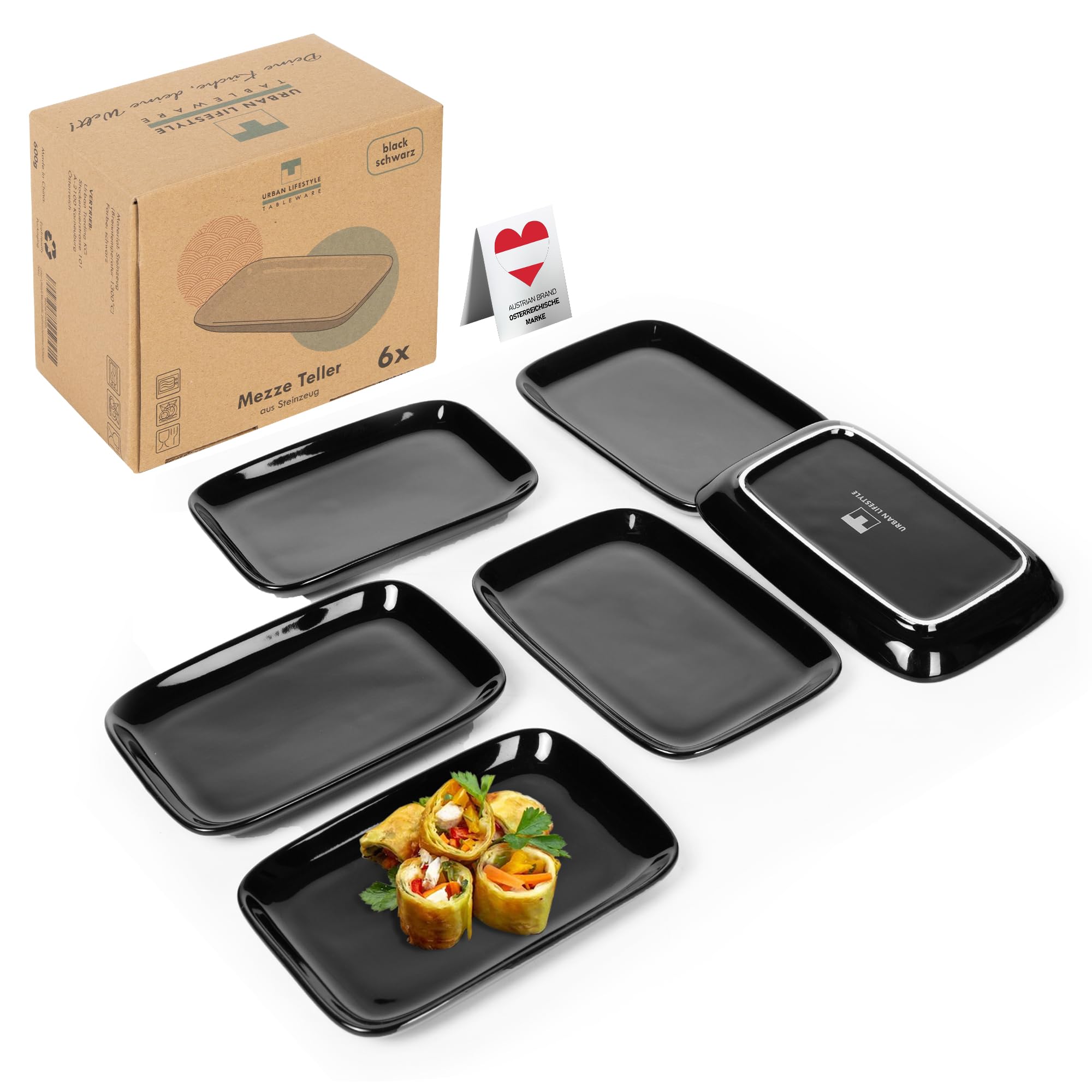Urban Lifestyle Mezzet Plate (Black) Made of Stoneware15 x 10 x 1.7 cm Set of 6 Appetizers Plates Snack Antipasti Dessert Mezze Plate Rectangular Sushi Plate Serving Plate Dishwasher Safe (Black)