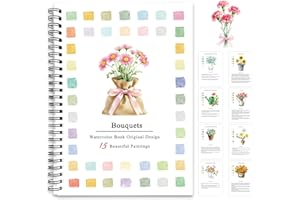 SLWBZ Watercolor Workbook Bouquets, 15 Different Patterns of Original DIY Designs, 16 Color Watercolor Paint Plates with Palette and Brush, Beginner-Friendly Watercolor Workbooks, Bouquets