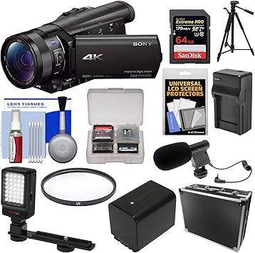 Amazon Com Sony Handycam Fdr Ax100 4 K Wi Fi Camara De Video Hd Videocamara Con Tarjeta De 64 Gb Case Luz Led Bateria Cargador Mic Tripode Kit De Filtros