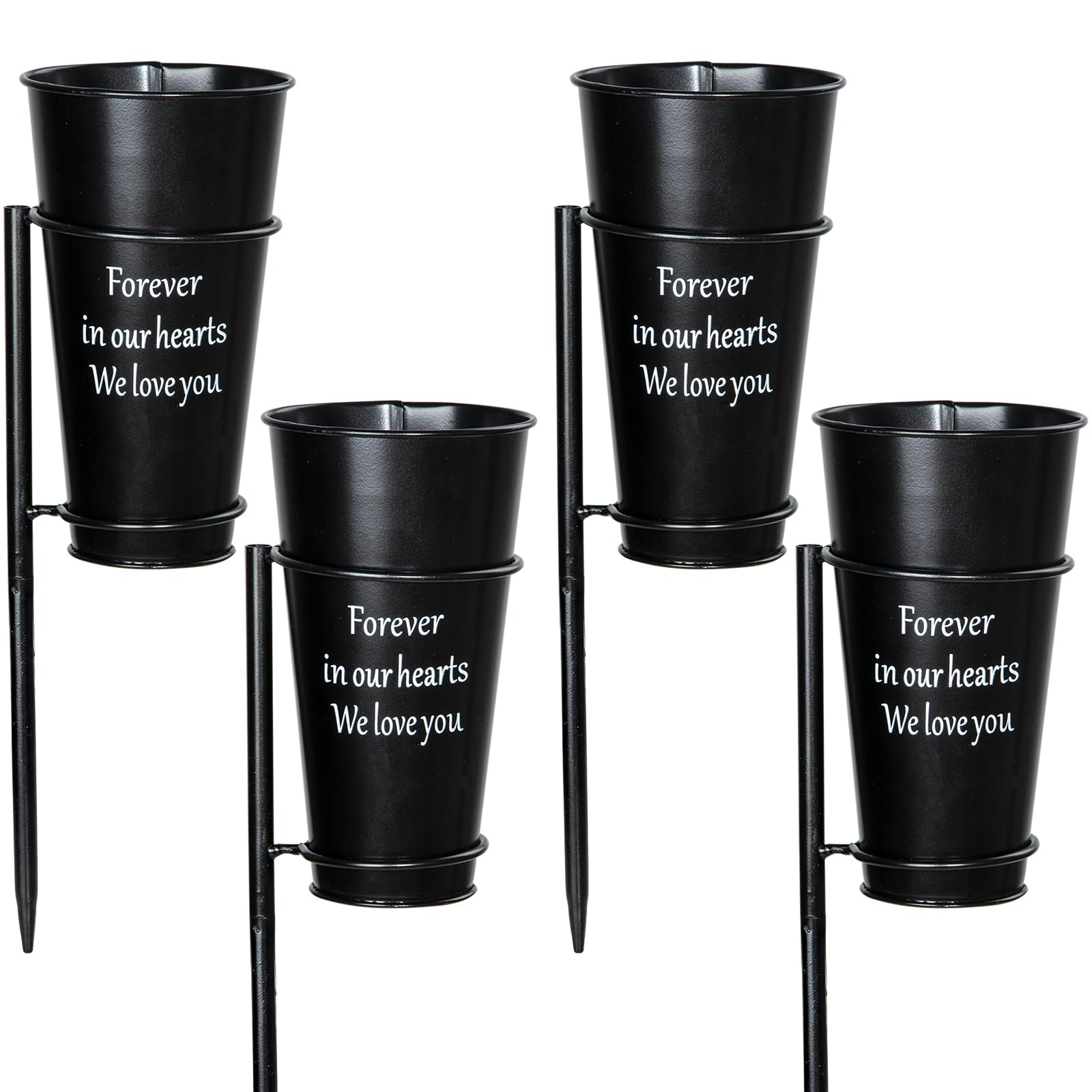 Metal Cemetery Vase, Memorial Headsone Vase with Ground Spikes, Vases for Artificial Flowers Plants, Graveside Flowers Holder for Cemetery Arrangement (Black-4PCS)