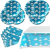 Blue Sky White Clouds Birthday Party Supplies, 20 Plates and 20 Napkins and Tablecloth71 '' x 42.5 '', Blue Sky Cartoon Theme Birthday Party Decorations for Baby Kids Shower