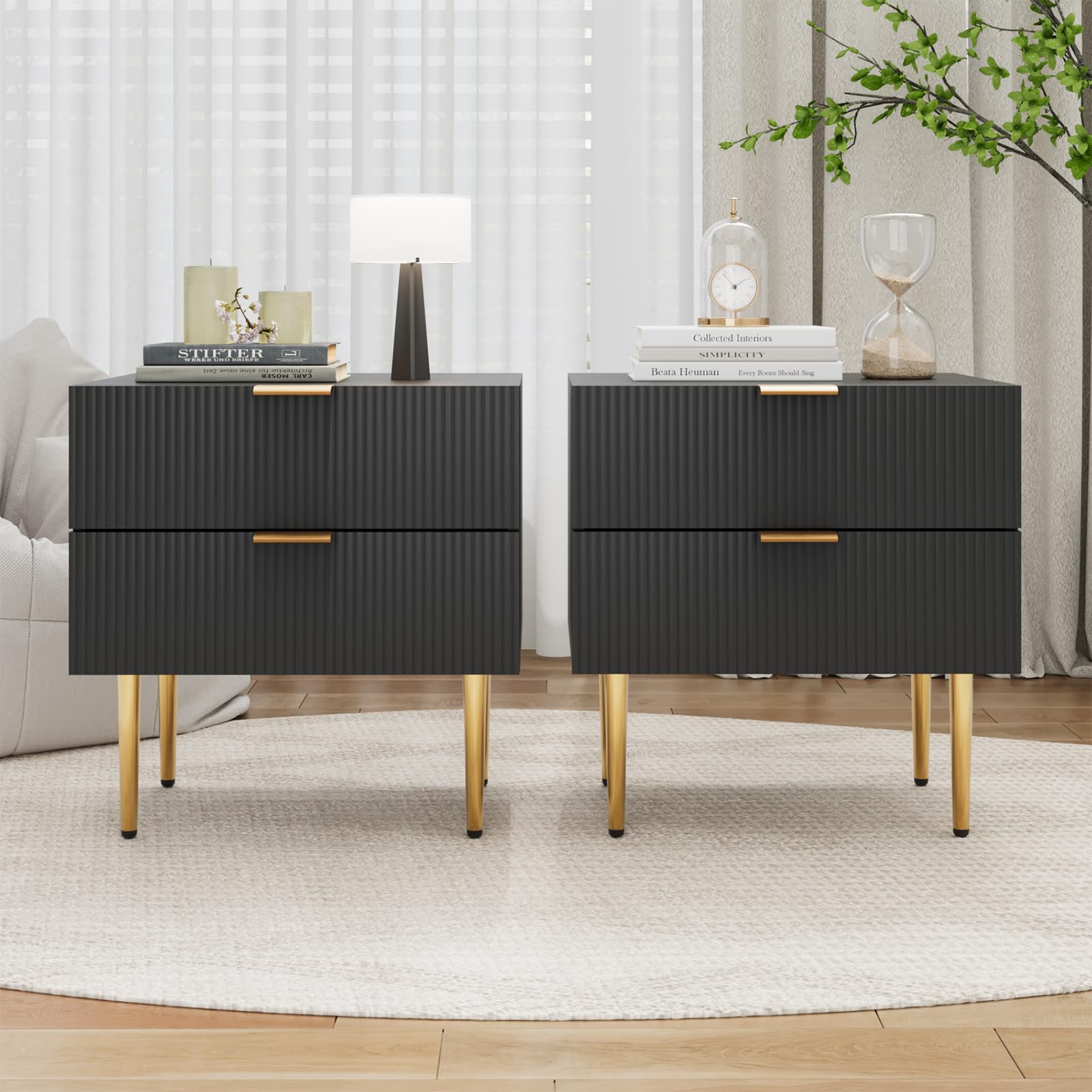 Photo 1 of Smart FENDEE Set of 2 Nightstand, Black Mid Century Modern Night Stand with Fluted Panel, Bedside Table with 2 Drawer, Large NightStand with Gold Leg for Bedroom