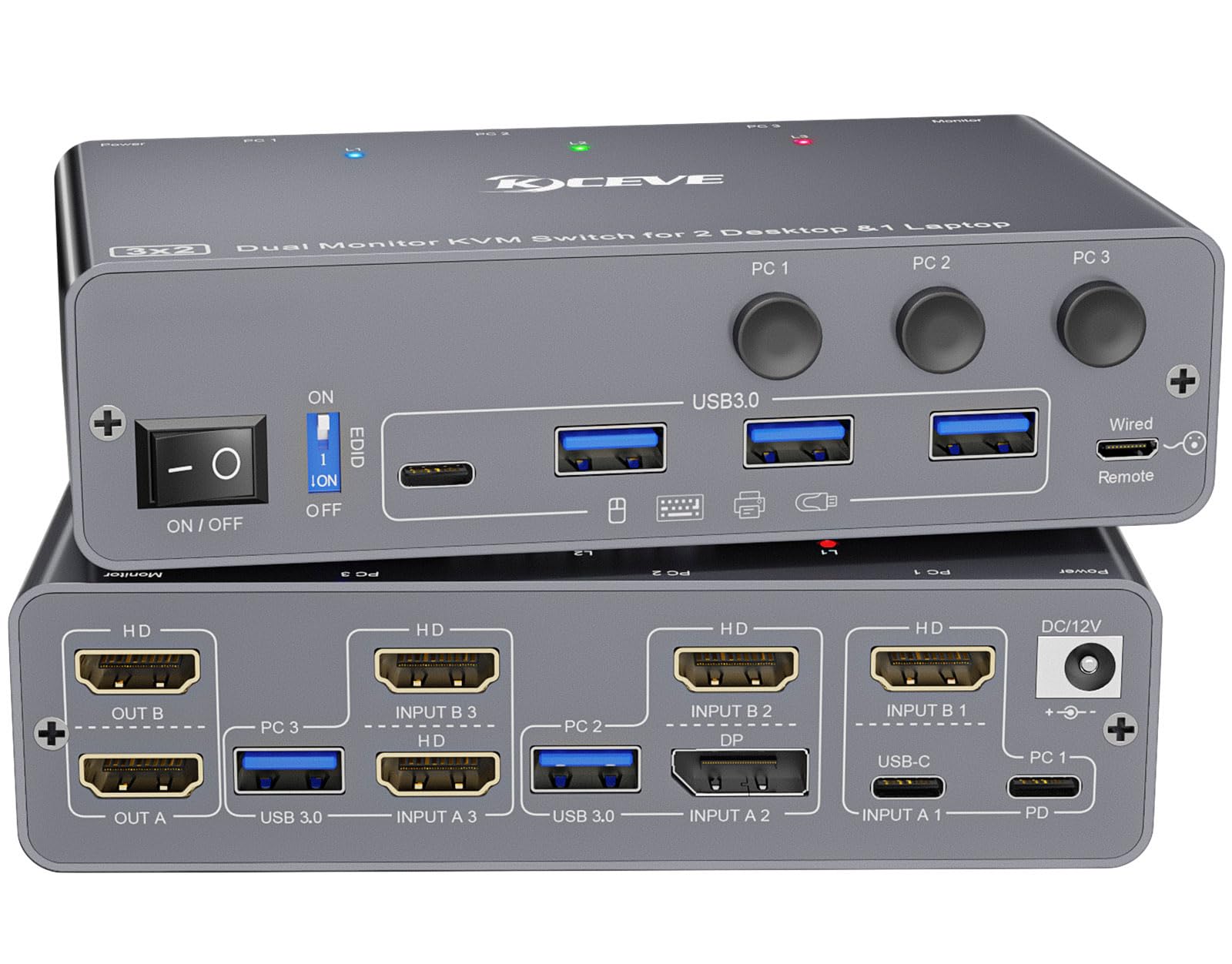 Photo 1 of KCEVE KVM Switch 2 Monitors 3 Computers USB C HDMI DP, EDID, USB 3.0 KVM Switch Dual Monitor HDMI for 1 Laptops 2 Desktop Share 4 USB3.0 Device, 73W PD, 4K@60Hz, Aluminum, Power Adapter, Wired Remote