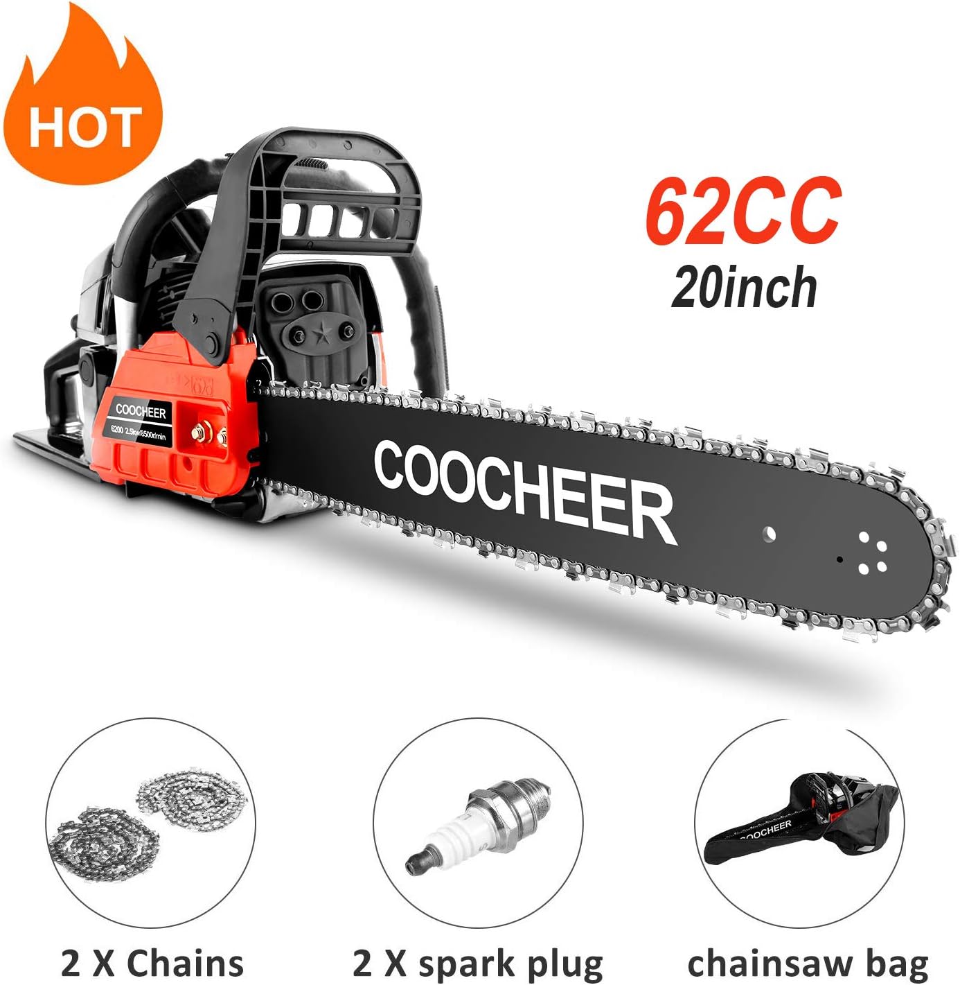 couply 62CC Cordless Chainsaw, 20" Gas Powered Chainsaw with 2 Stroke, Handed Petrol Gasoline Saw Woodcutting Saw for Garden, Farm and Ranch with Tool Kit