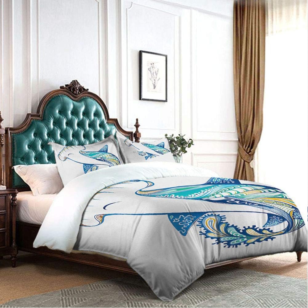 DRAGON VINES Four-Piece Bedding Cotton Bed Sheets Queen Flat Sheet Hammer Head Shark Ornate Underwater Sea Oceanic Life Animals Marine Theme Environmental Printing Blue Aqua White W85 xL85
