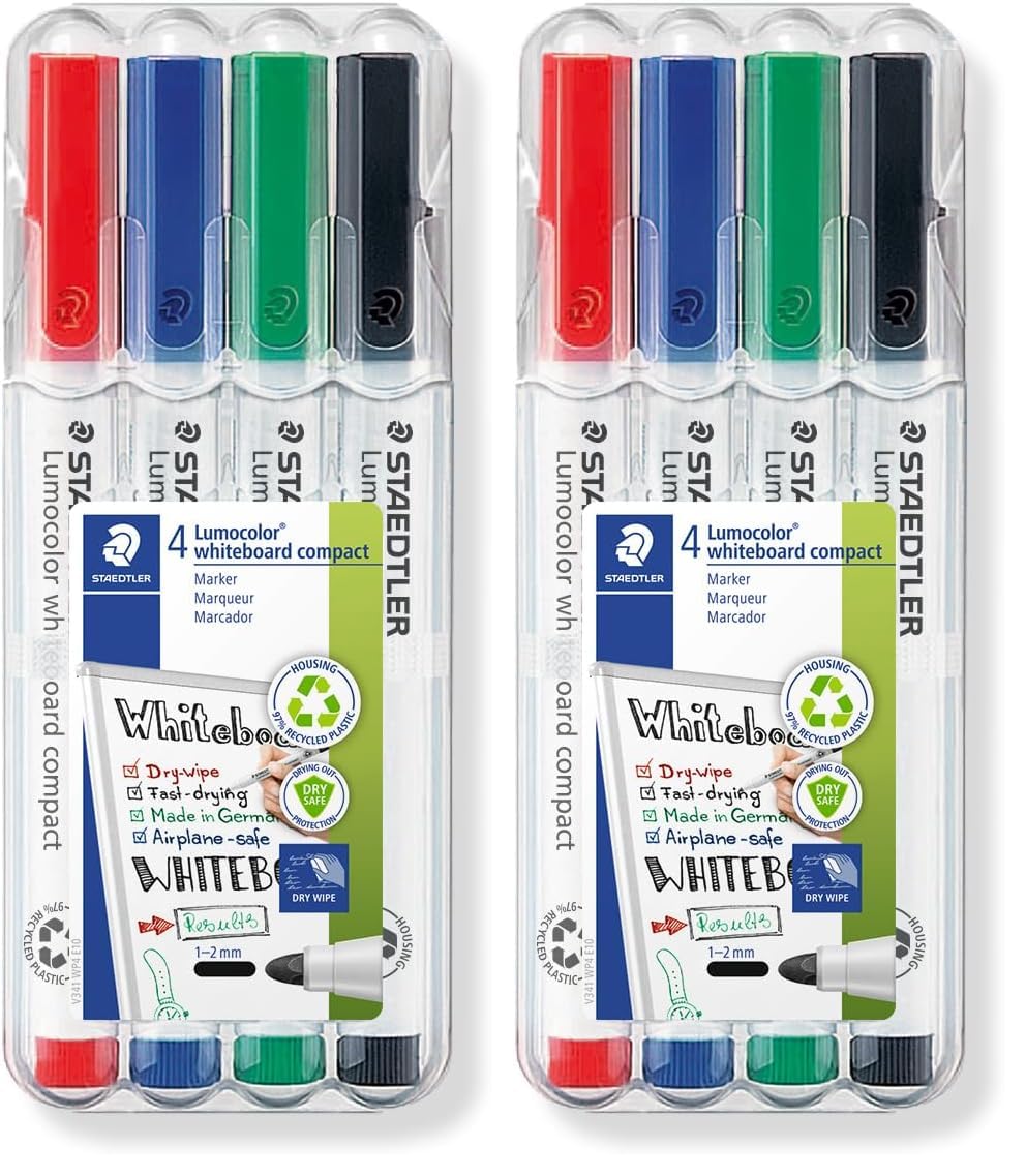 STAEDTLER 341 WP4 Lumocolor Compact Whiteboard Marker, 1-2mm Line Width - 4 Assorted Colours (Pack of 8)