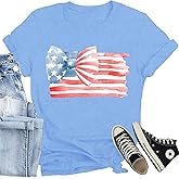 CQF Women American Flag Patriotic T-Shirts Cute USA Bow Flag Shirts Happy 4th of July Tee Tops