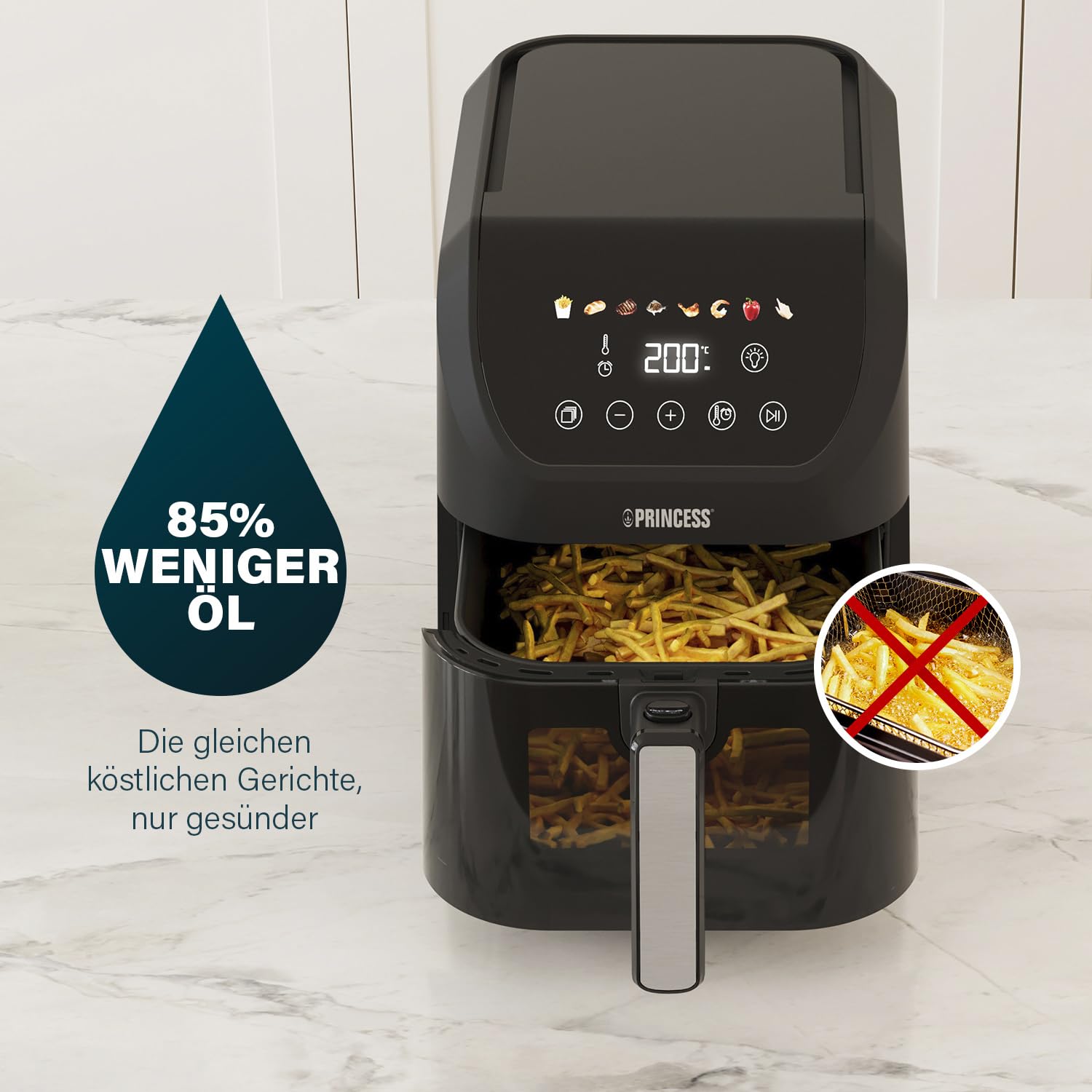 Princess SlimFry Airfryer, 8L Fassungsvermögen, 2000W, 8 Programme, Digitales Touchscreen, Einstellbare Temperatur, Sichtfenster, Automatische Abschaltung, Spülmaschinenfest, 182257 8