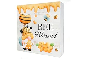 HDKY Bee Blessed Wood Box Sign Home Decor Rustic Bee Gnome Spring Summer Wooden Box Sign Block Plaque for Wall Tabletop Desk Home Decoration