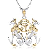 LOVASNOW Egyptian Cat/Anubis Necklace 925 Sterling Silver Eye of Horus Ankh Pendant Necklace Bastet Egyptian Jewelry Gifts for Women Mom Her