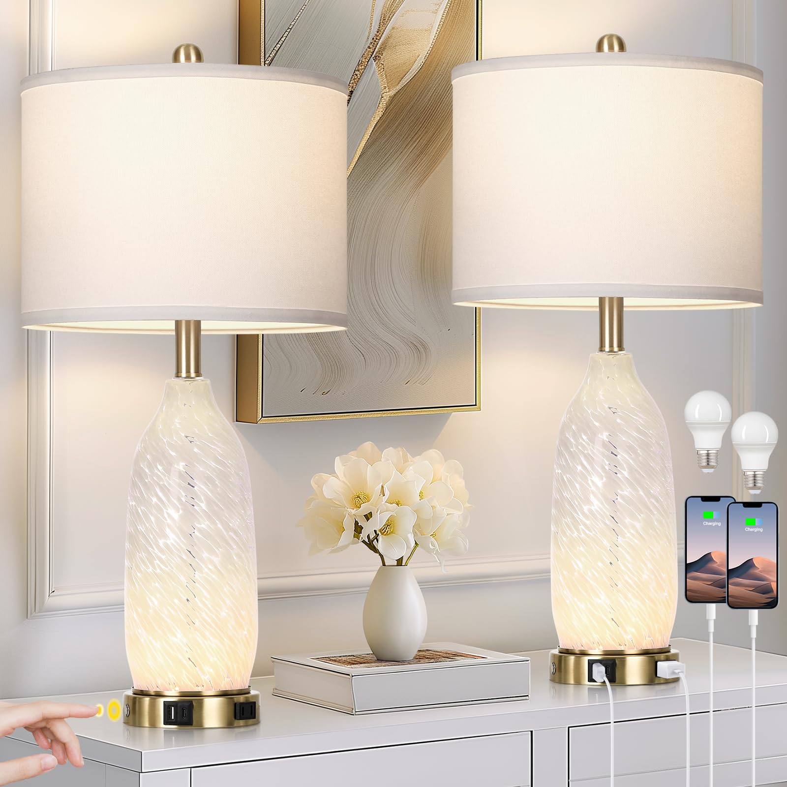 Photo 1 of Rinweey 26" Modern Clear Glass Table Lamps Set of 2,Nightstand Lamp with USB A+C Ports & AC Outlet,Bedside Lamps with 3-Way Dimmable Touch Control Night Light for Bedroom Living Room(Bulbs Included)