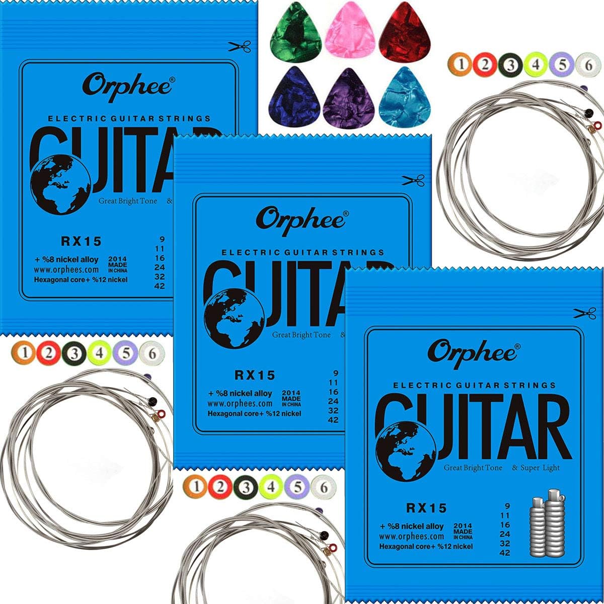 3 Sets Orphee RX15 Nickel Plated Steel Colorful Ball-End Electric Guitar Strings Super Light (009-042)