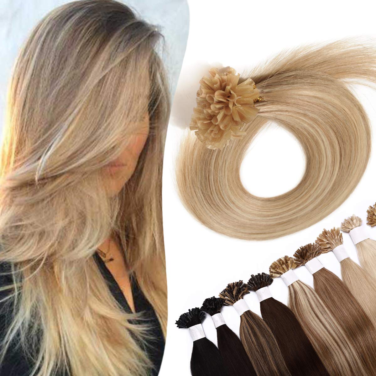 14 inch SEGO Pre Bonded Human Hair Extensions [0.5g*100 Strands] #18/613 Ash Blonde&Bleach Blonde Keratin Nail U Tip 100% Remy Real Invisible Straight (50g)