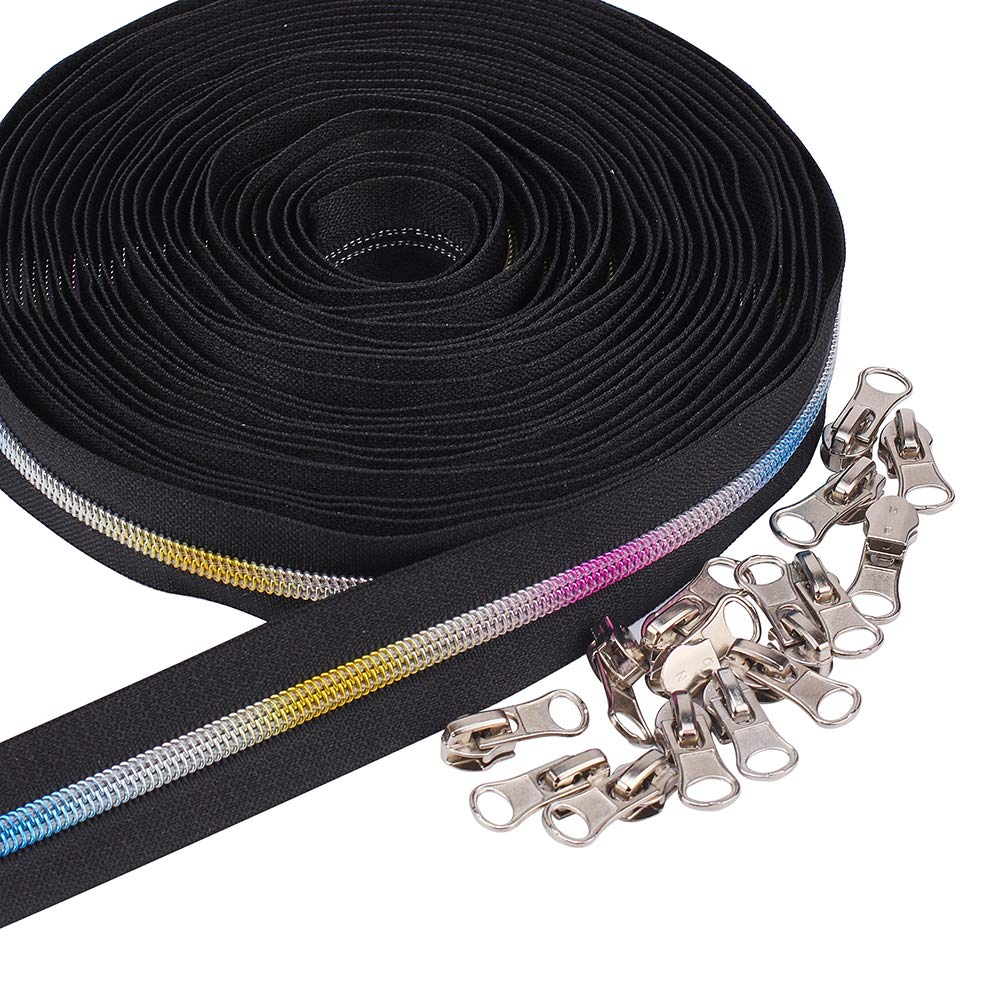 BENECREAT #5 Rainbow Metallic Nylon Zippers 10 Yards/9 Meters Black Tape with Gradient Zipper Teeth, 30PCS Alloy Zipper Pull Slider for DIY Craft Sewing Tailor (Head Size 28x11x9mm)