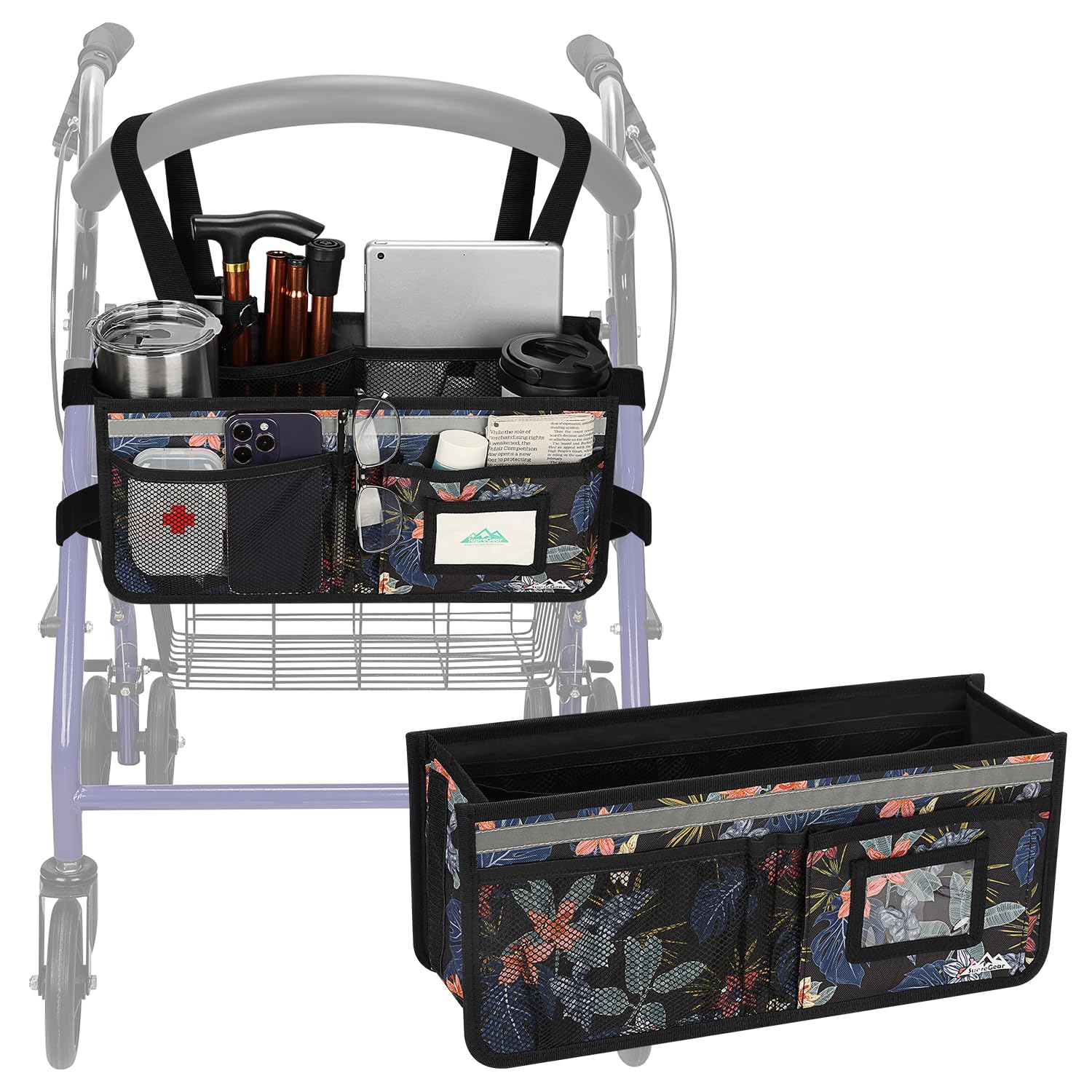supregear Rollator Basket, Rollator Walker Bag w/Cup Holder, Foldable Rolling Walker Waterproof Storage Pouch with Big Capacity and Never Tipping Over, Easy to Use Accessories for Seniors