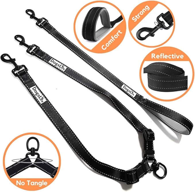Double Dog Lead For Two Dogs No Tangle + Extra Padded Handle For Comfort Dual Lead Splitter