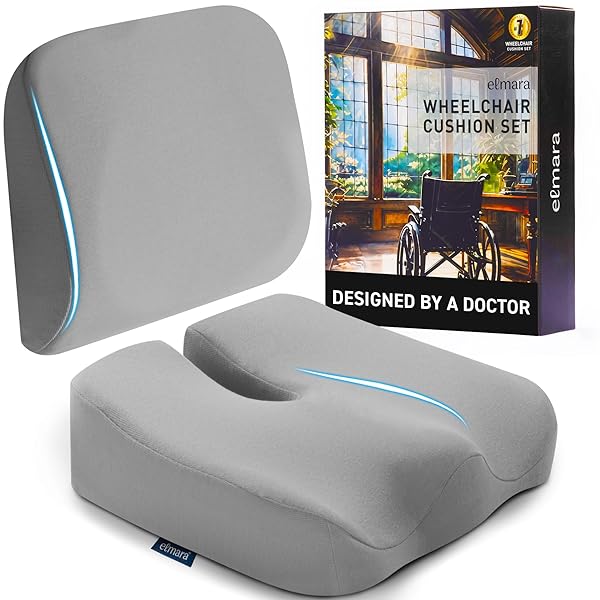 ELMARA DOCTOR-DESIGNED WHEELCHAIR SEAT CUSHION SET – THE ULTIMATE COMFORT SOLUTION – THICK WHEELCHAIR CUSHIONS RELIEVE BACK & SCIATICA PAIN – WHEEL CHAIR CUSHIONS FOR SENIORS, WHEELCHAIR PAD (GRAY)