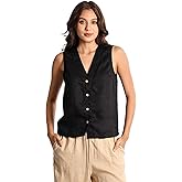 EELOTILE Womens Pure Linen V Neck Sleeveless Button Down Mid Length Casual Vest