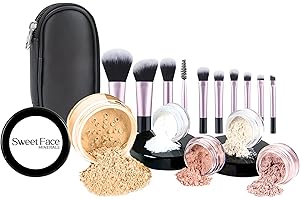 SWEET FACE MINERALS 16pc STARTER KIT with 10 BRUSHES SET (BEIGE) Mineral Makeup Bare Face Loose Powder Includes Matte Foundation, Veil Primer, Blush, Bronzer, Translucent Finishing Setting Powder SPF 30 Travel Size