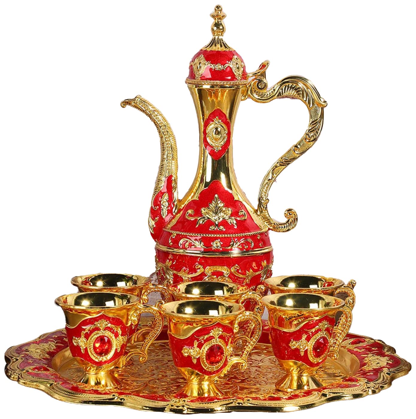 Agatige Vintage Turkish Coffee Pot with 6 Coffee Cups, Metal Turkish Tea Set Including Craft Tea Tray Teapot and Tea Cups for Wedding Gift (Red)